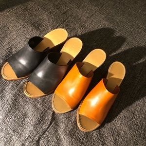 J. Crew Black and Tan leather mules heels